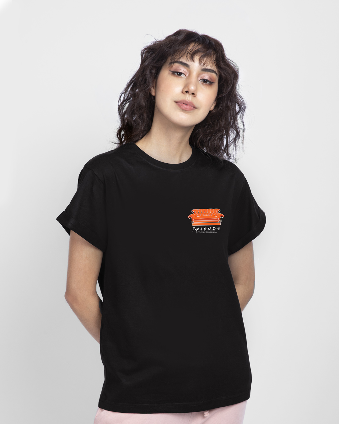 Shop Women's Black Friends Pocket Sofa Graphic Printed Boyfriend T-shirt-Back