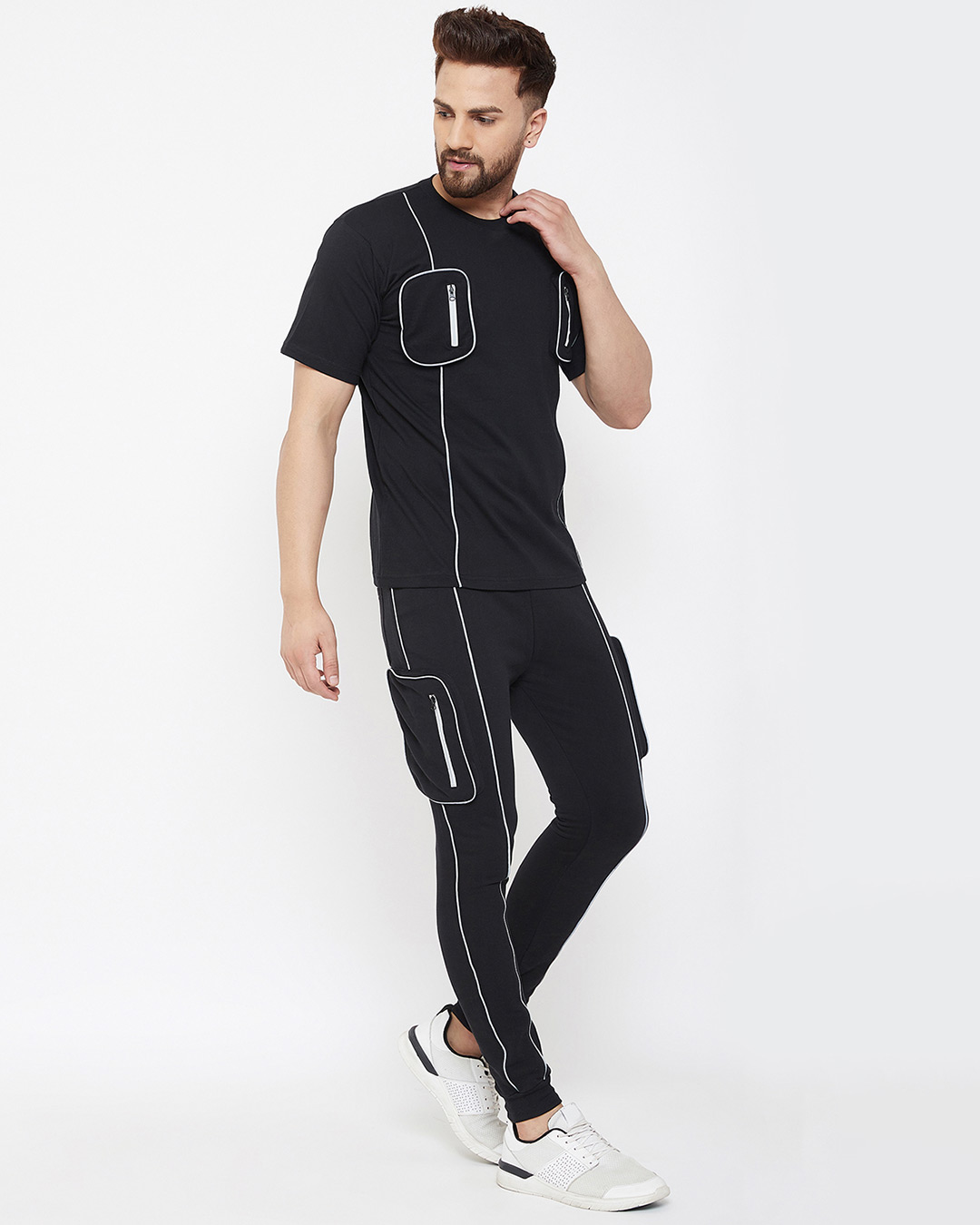 Shop Black Chest Pocket Reflective Piping T-Shirt And Joggers Combo Suit-Back