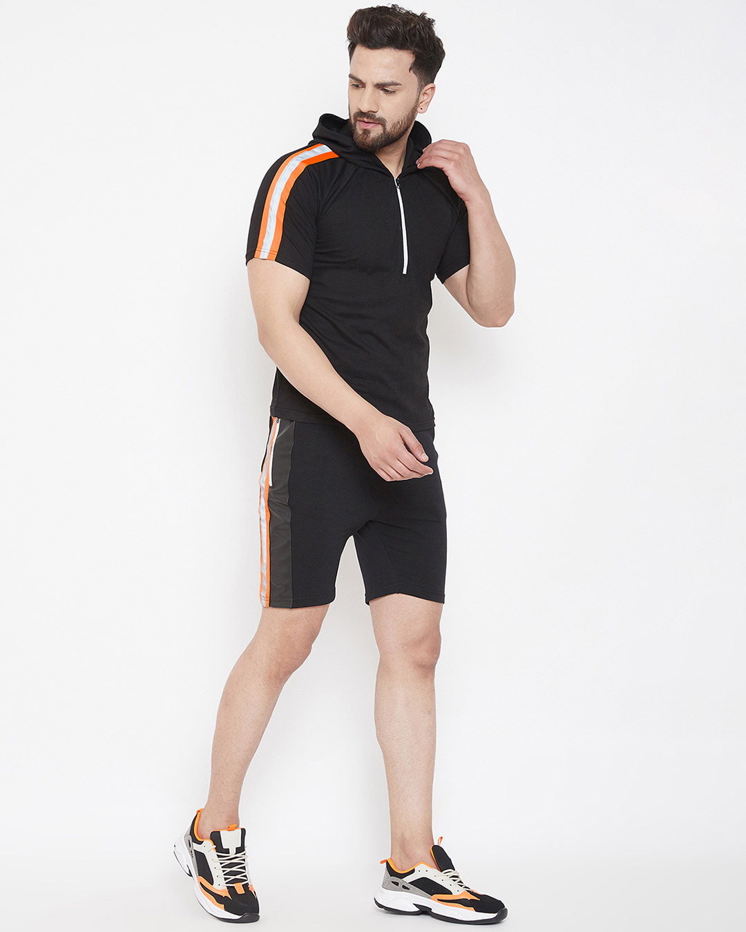 Shop Black Neon Orange Reflective Hooded T-Shirt And Shorts Combo Suit-Back