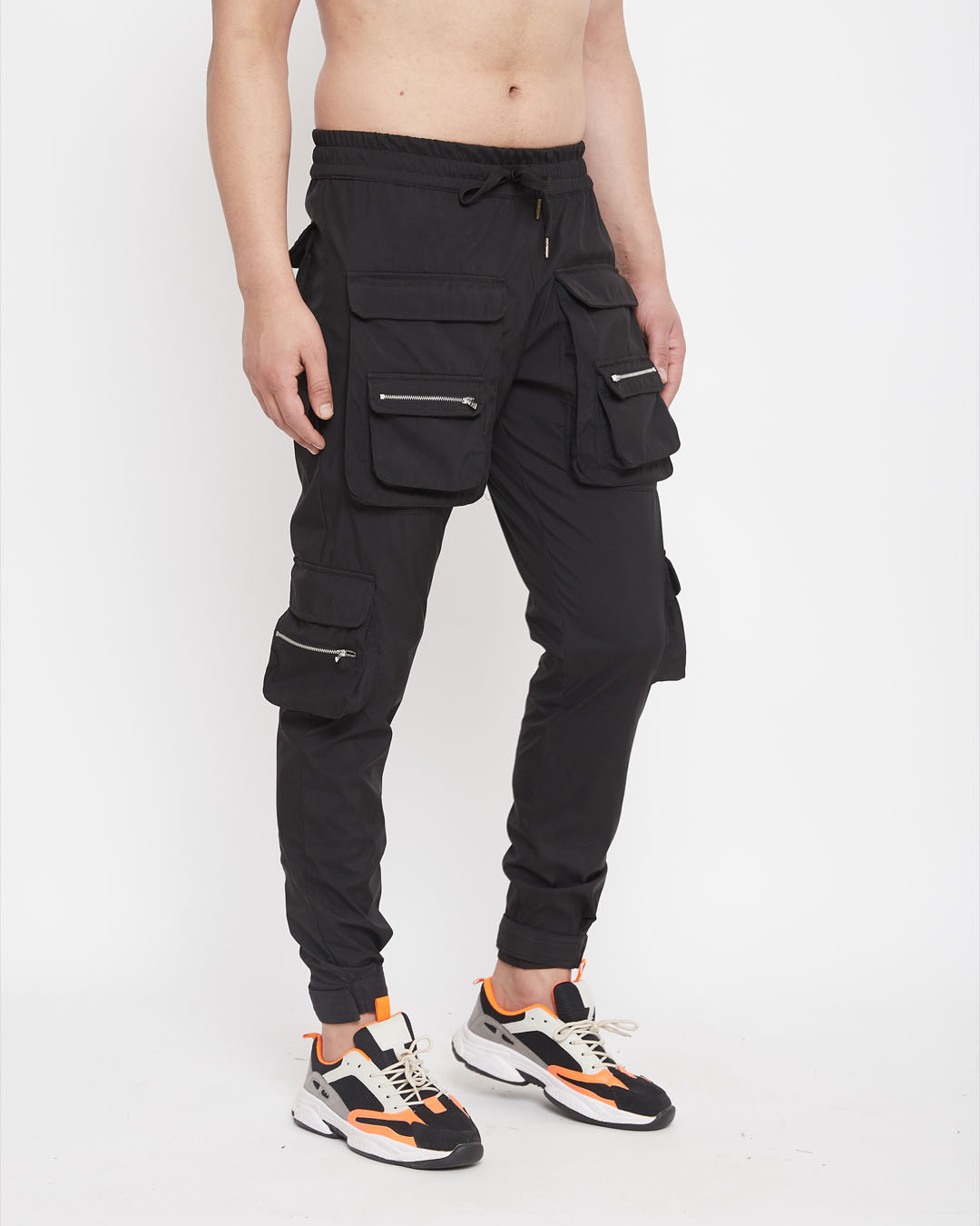 Shop Black Nylon Zipped Cargo Pocket Trackpant-Back