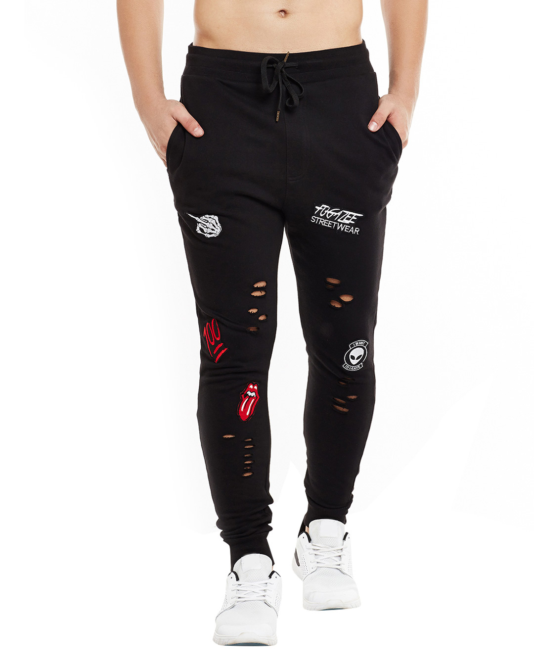 Buy Fugazee Black Patched Distressed Joggers Online at Bewakoof