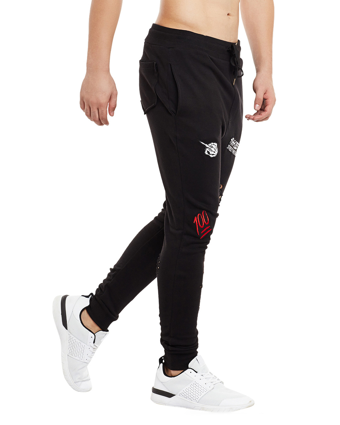 Shop Black Patched Distressed Joggers-Back