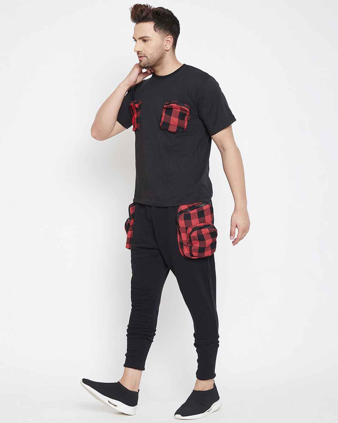 Shop Black Plaid Chest Pocket T-Shirt And Cargo Joggers Combo Suit-Back