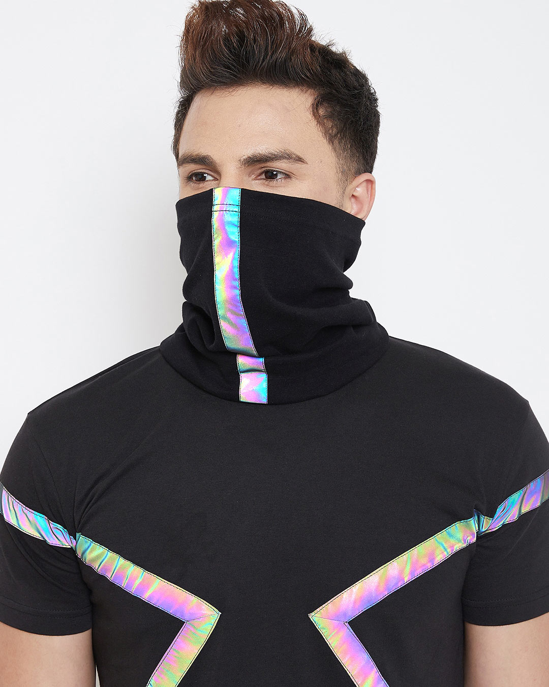 Shop Black Rainbow Reflective Face Cover-Back
