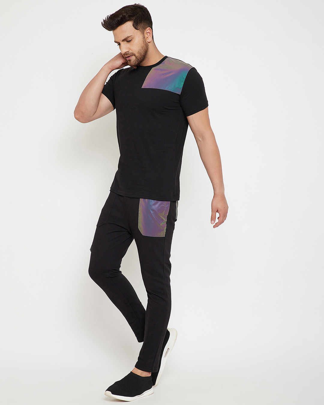 Shop Black Rainbow Reflective Patched Tshirt And Trackpants Combo Set-Back