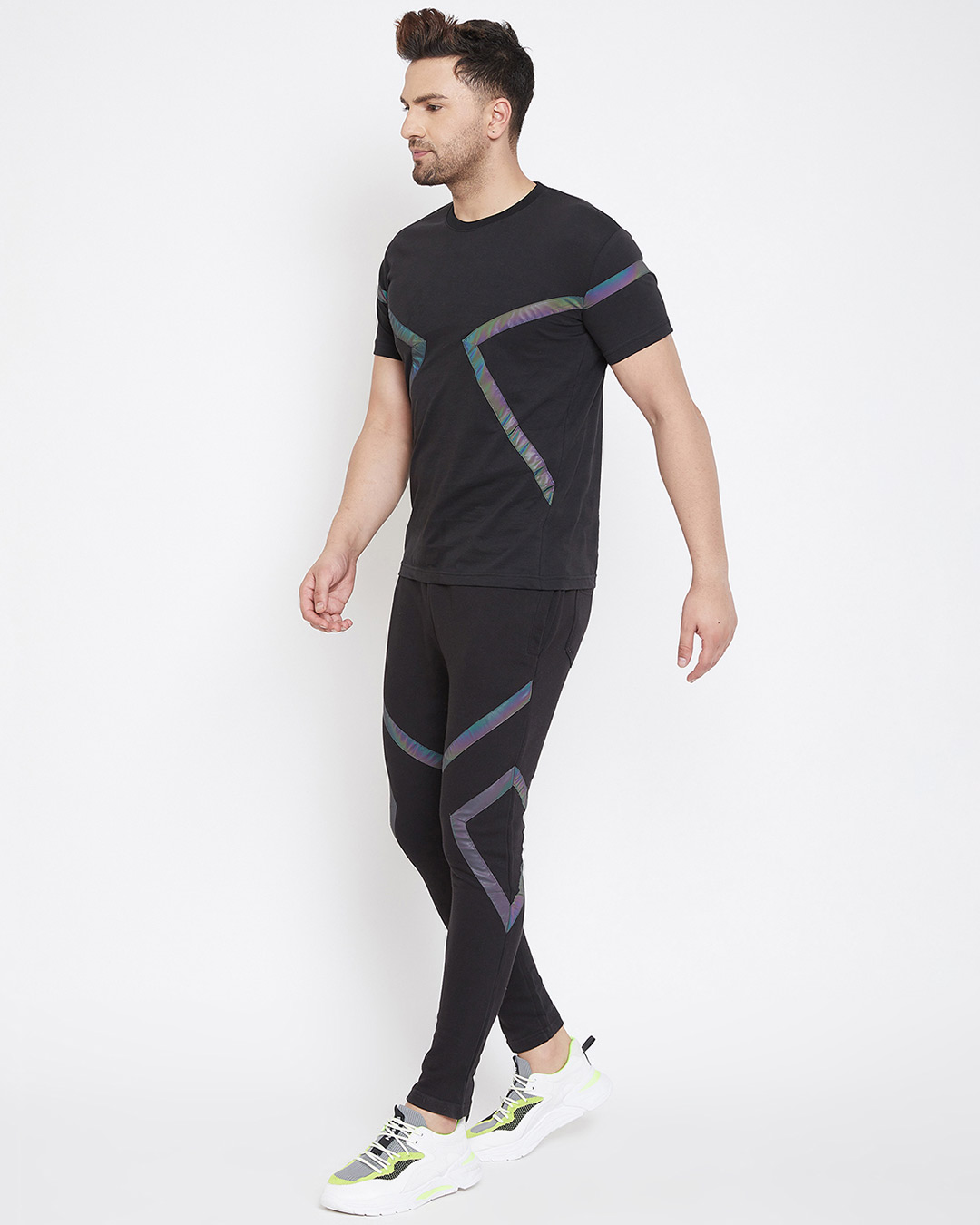 Shop Black Rainbow Reflective Taped T-Shirt And Joggers Combo Suit-Back