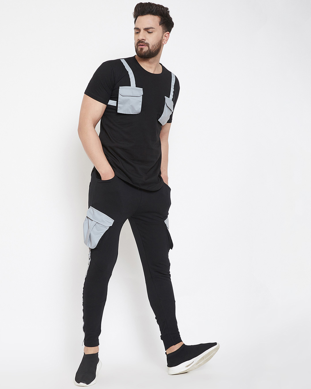 Shop Black Reflective Chest Pocket Taped T-Shirt And Cargo Joggers Combo Suit-Back