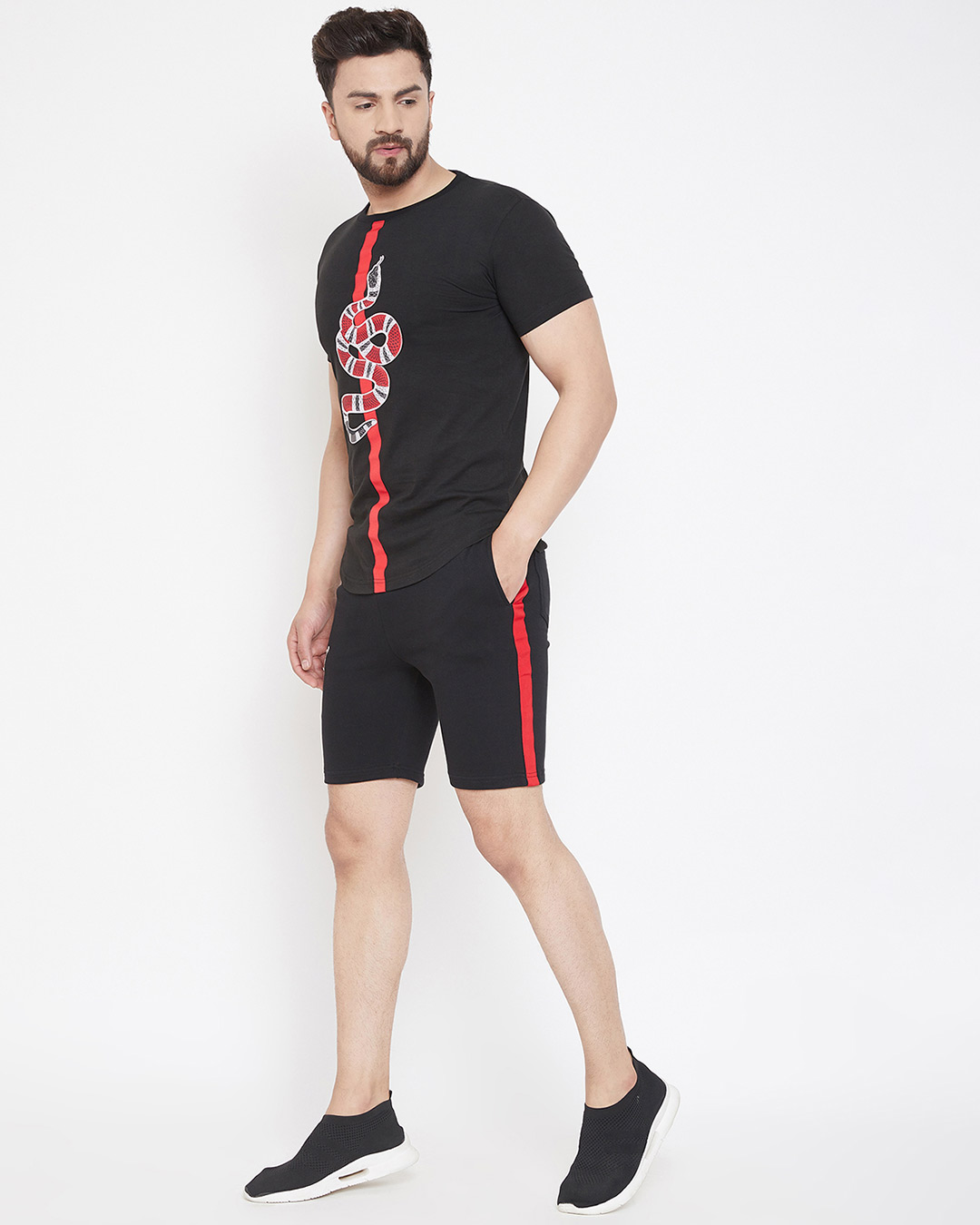 Shop Black Snake Patched T-Shirt And Shorts Combo Suit-Back