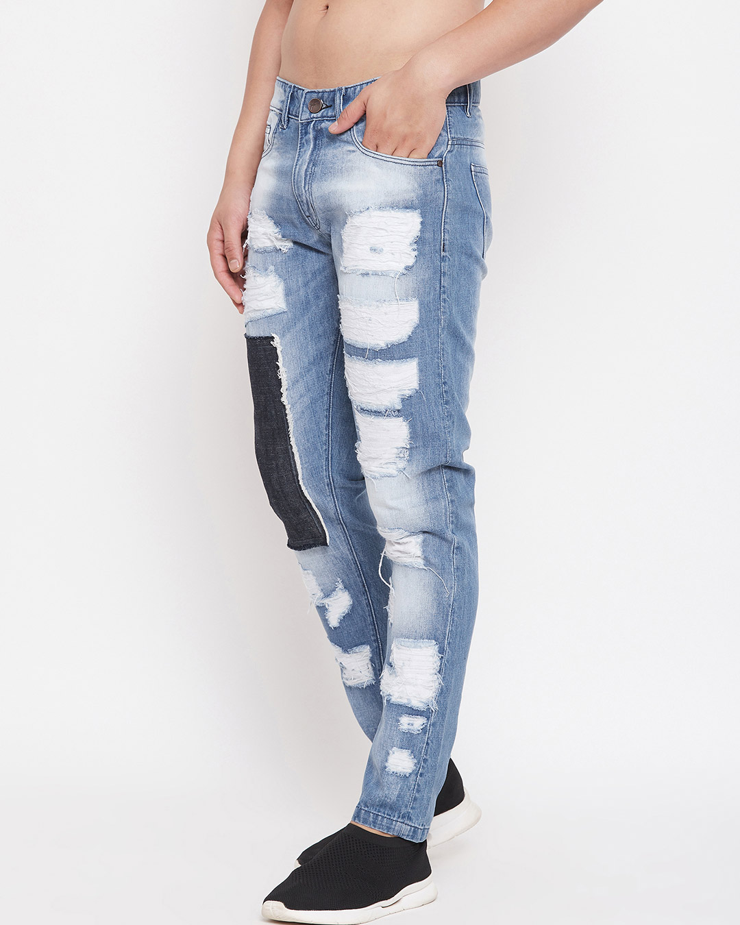 Shop Blue Heavy Distressed Patched Straight Fit Denim-Back