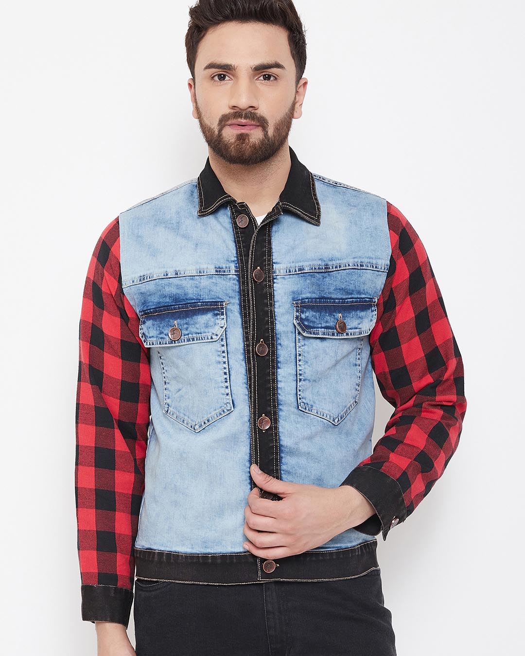Buy Fugazee Denim Jacket With Checkered Flanel Sleeves for Men ...