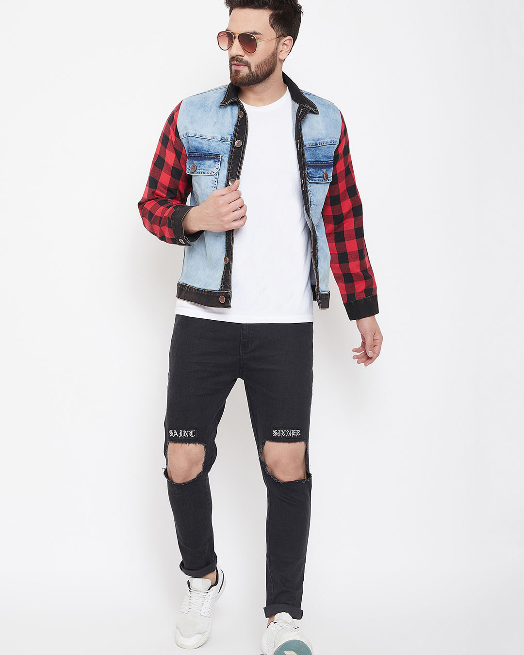 Shop Denim Jacket With Checkered Flanel Sleeves-Back