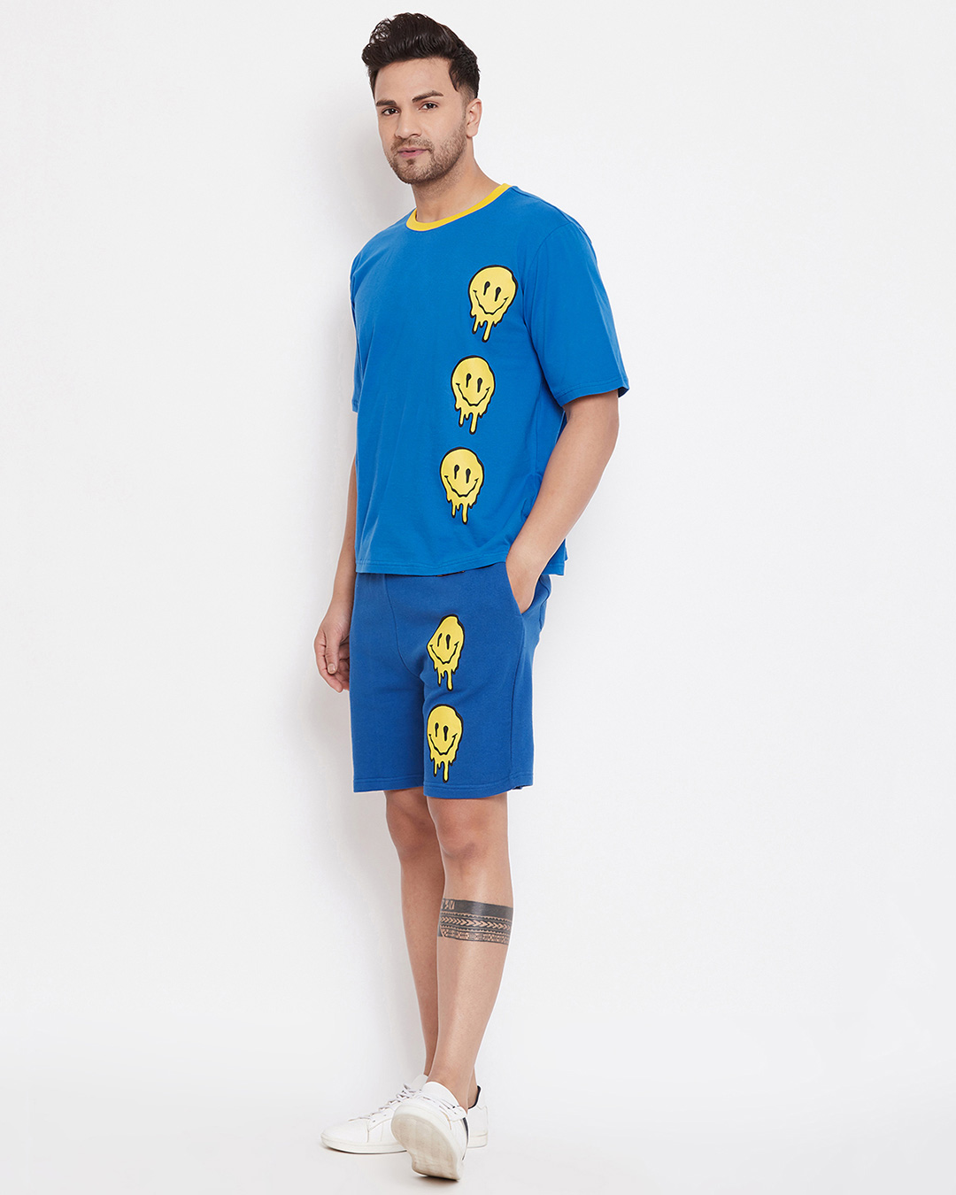 Shop Melted Smiley Oversized Graphic Tshirt And Shorts Combo Set-Back