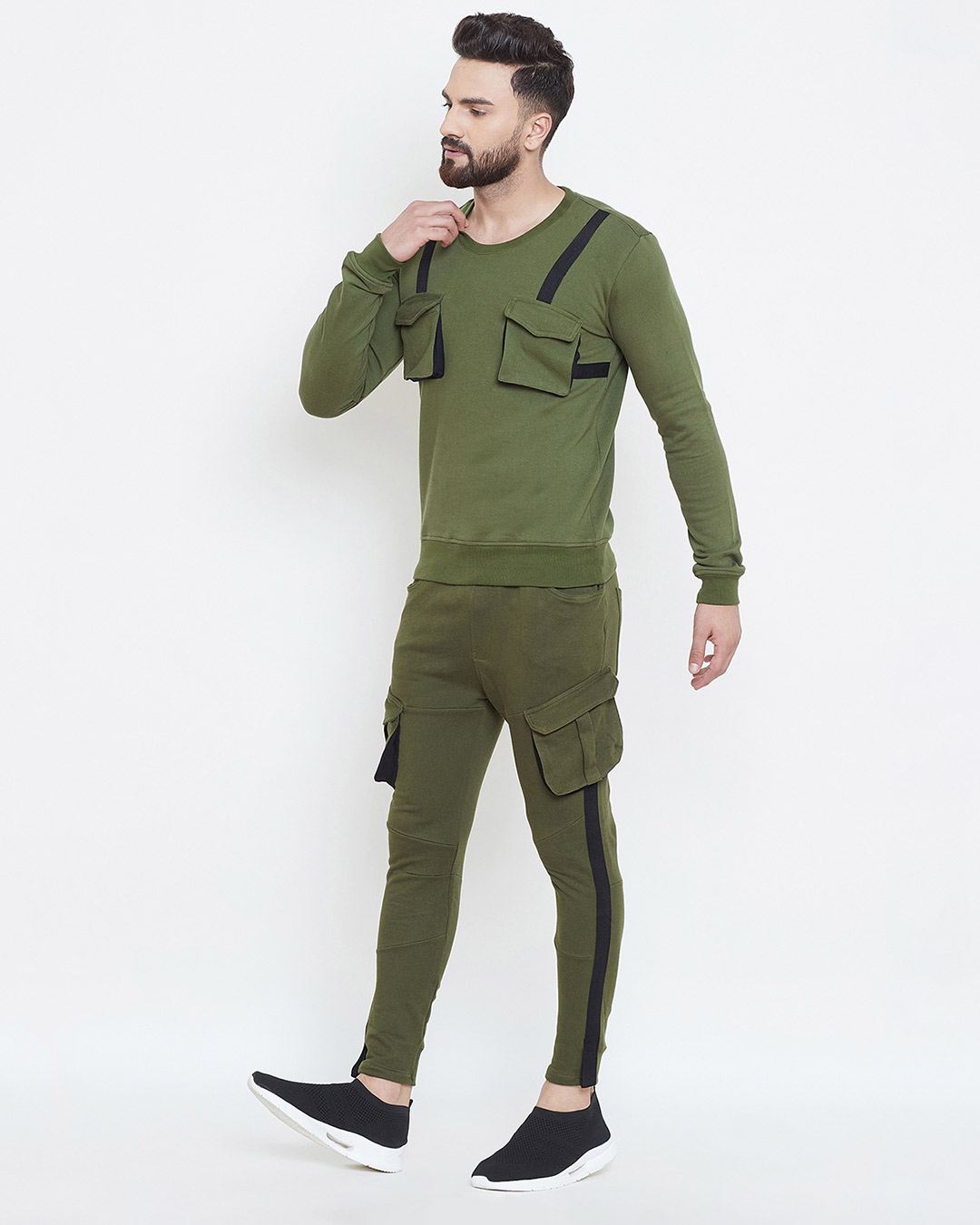 Shop Olive Taped Sweatshirt & Cargo Joggers Combo Suit-Back