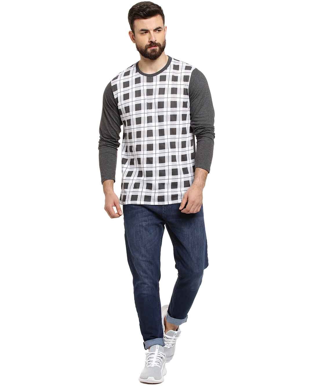 Shop Full Sleeve Checkered Printed Men's Round White T-Shirt-Back