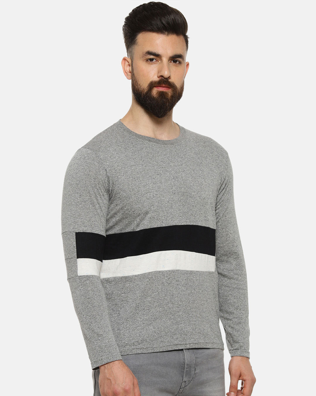 Shop Full Sleeve Solid Men's Round Neck Grey T-Shirt-Back