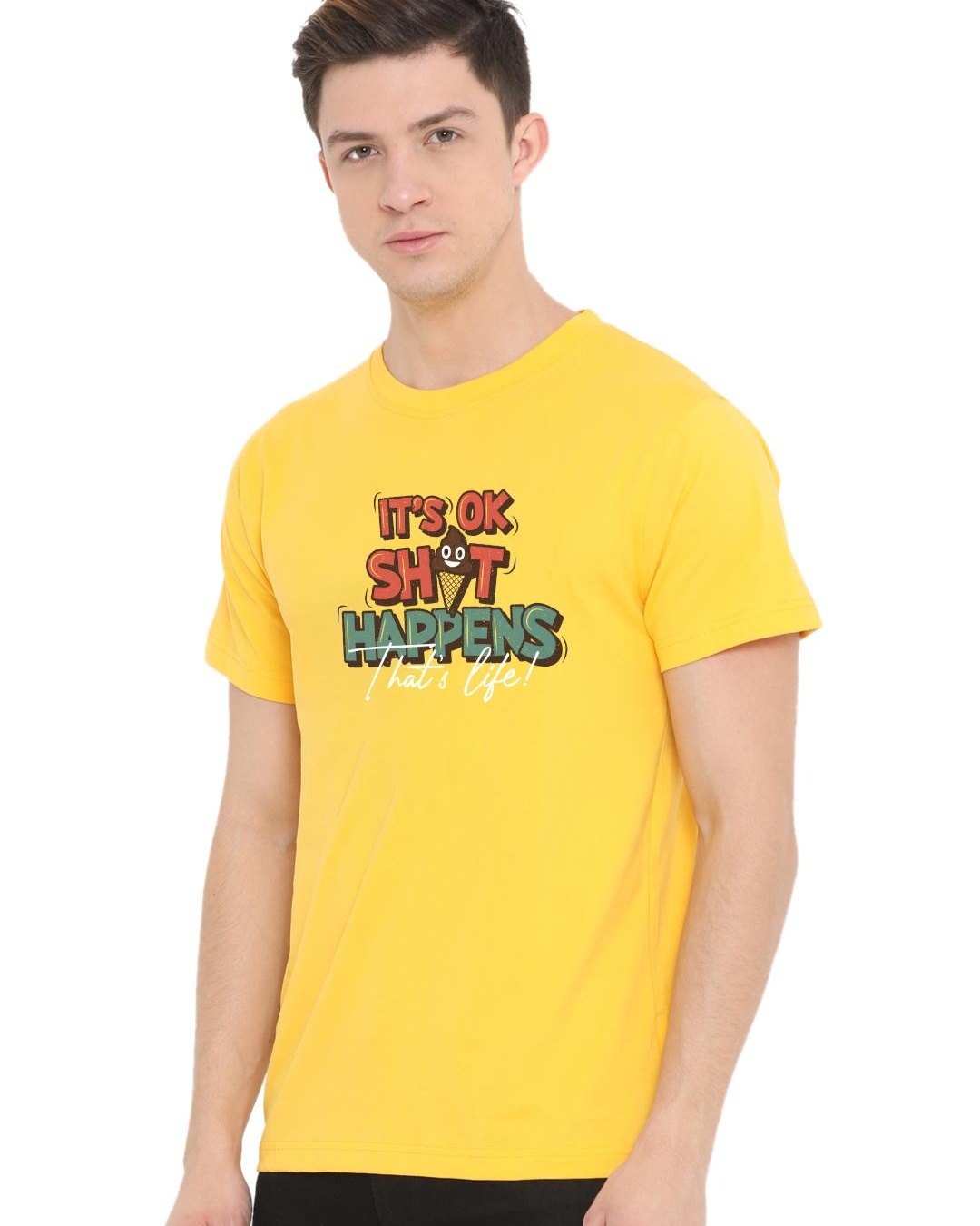 Shop Men's Yellow Shit Happens Typographic T Shirt-Back