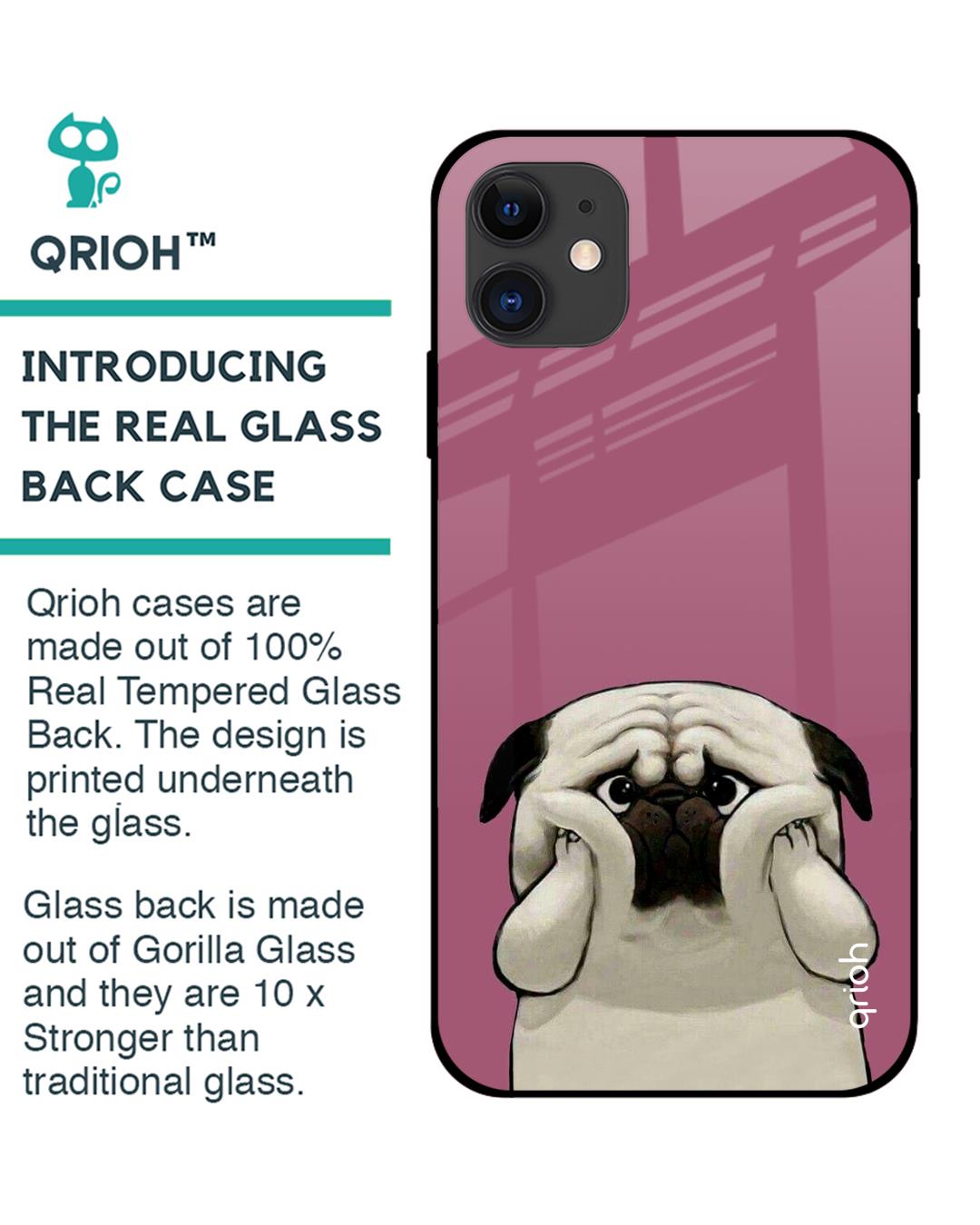 Shop Funny Pug Face Printed Premium Glass Cover For iPhone 12 (Impact Resistant, Matte Finish)-Back