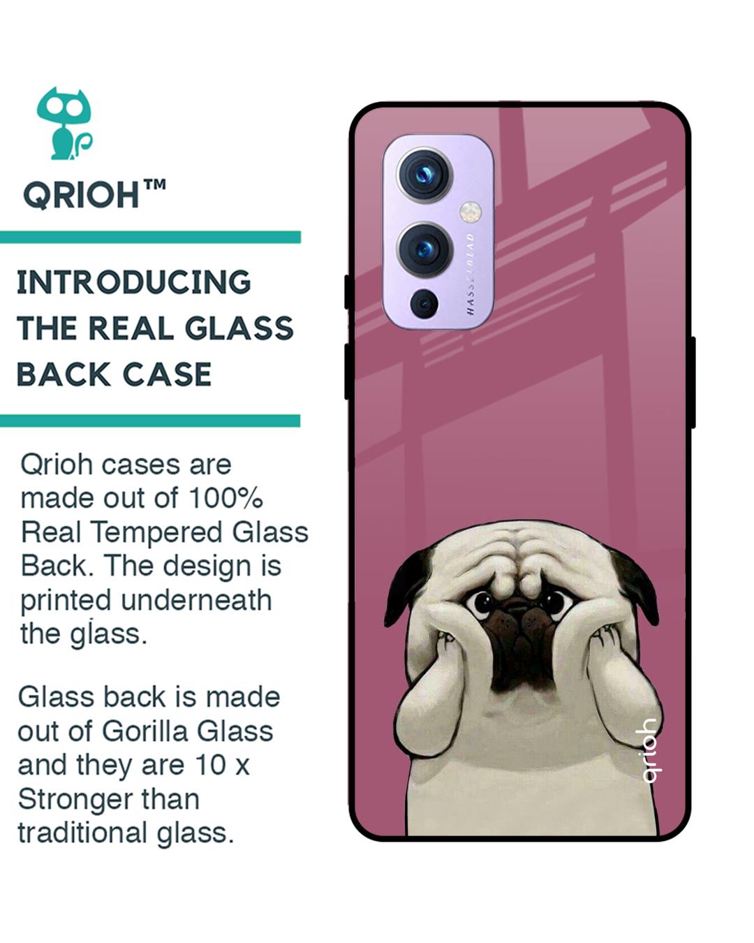 Shop Funny Pug Face Printed Premium Glass Cover For OnePlus 9 (Impact Resistant, Matte Finish)-Back