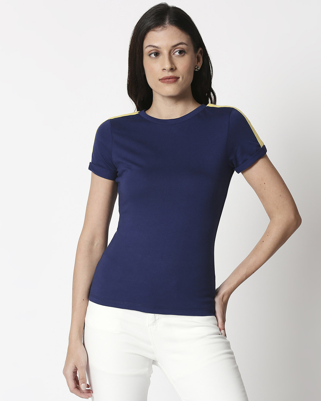 Shop Galaxy Blue - Happy Yellow Shoulder Sleeve T-Shirt-Back