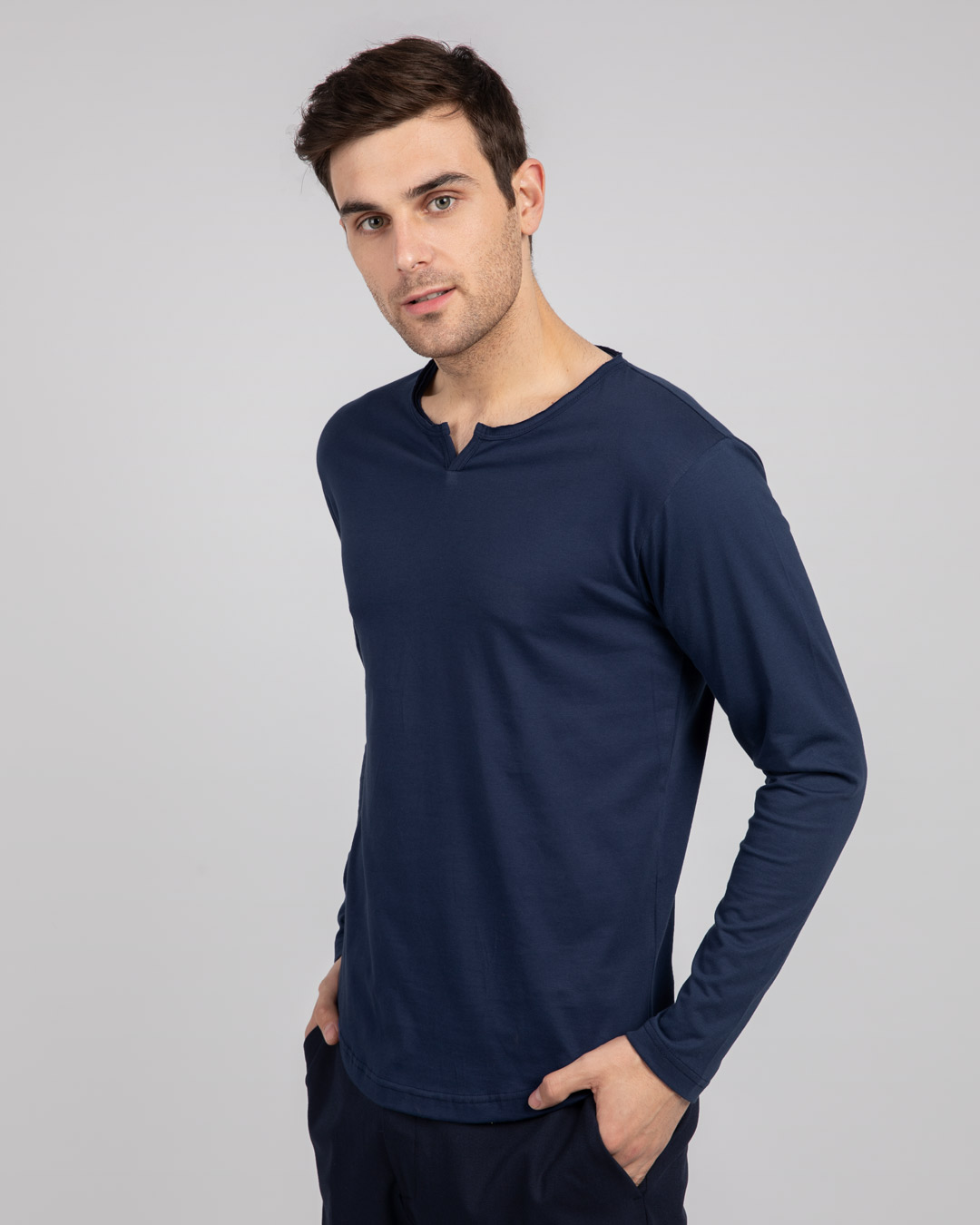 Shop Galaxy Blue Slit Neck Full Sleeve Henley T-shirt-Back
