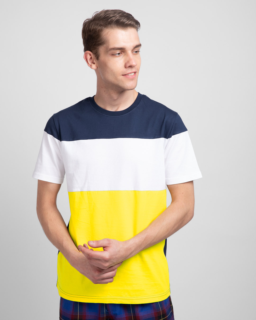 

Galaxy Blue White & Pineapple Yellow 90' Vibe Panel T-Shirt Men' 90' Vibe half sleeves plain Three Panel t-shirt Bewakoof.com, Blue-white-yellow