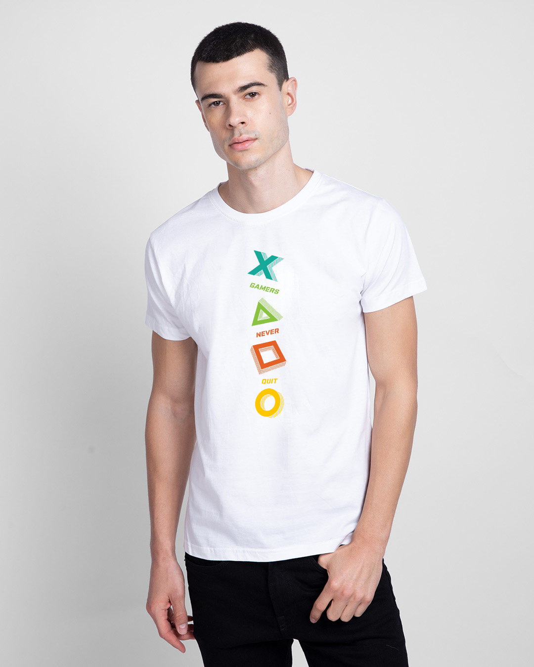 Shop Gamers Never Quit Half Sleeve T-Shirt White-Back