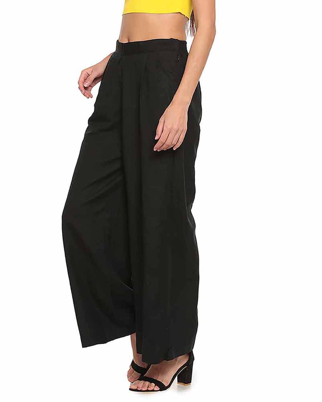 Shop Go Colors Women Black Solid Ethnic Linen Palazzo-Back