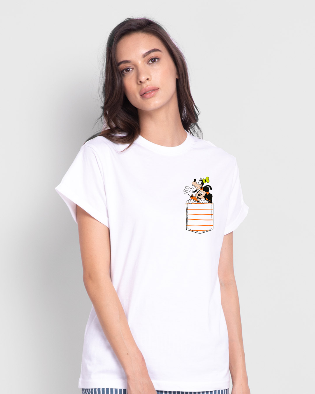 Shop Women's White Goofy Mickey Pocket Graphic Printed Boyfriend T-shirt-Back