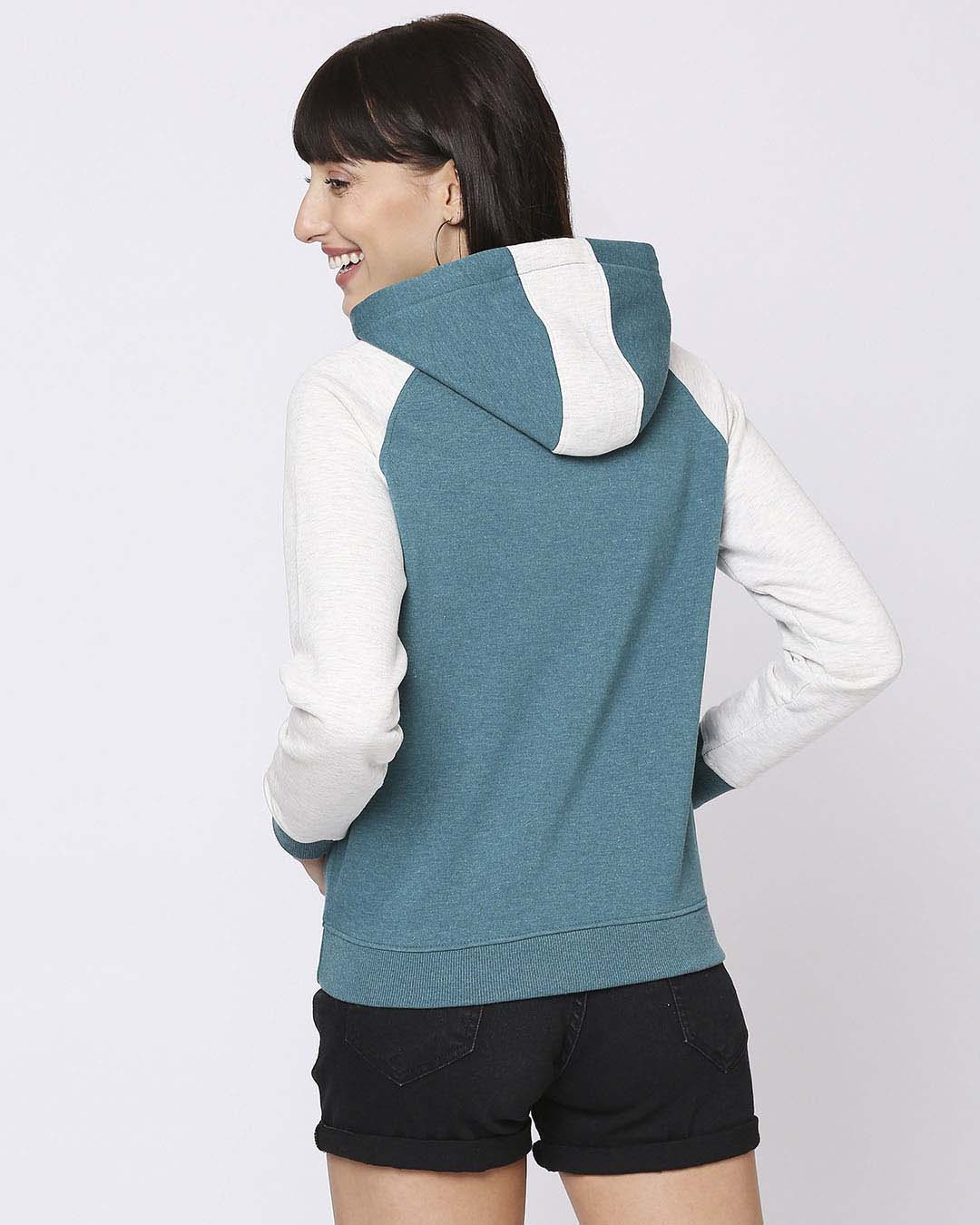 Shop Green Melange Contrast Sleeve Hoodie Sweatshirt-Back