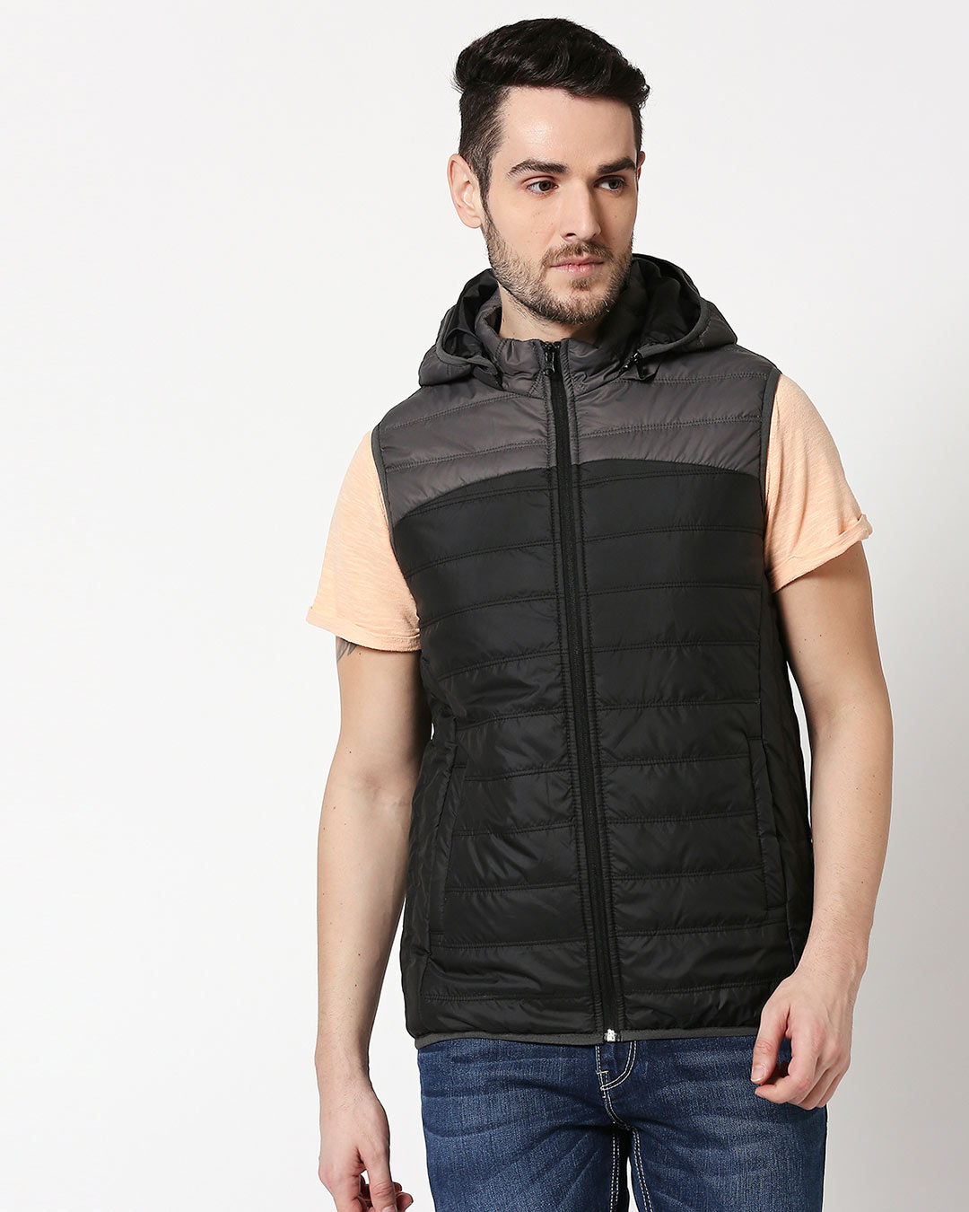Shop Men's Grey & Black Color Block Puffer Jacket With Detachable Hoodie-Back