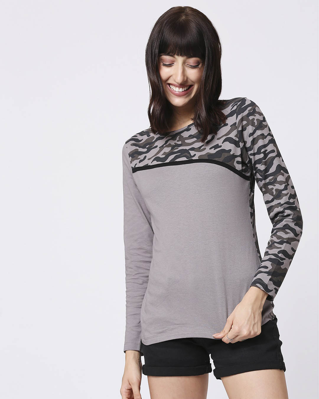 Shop Grey Camo - Frost Grey Full Sleeves Round Neck Colorblock Camo T-Shirt-Back