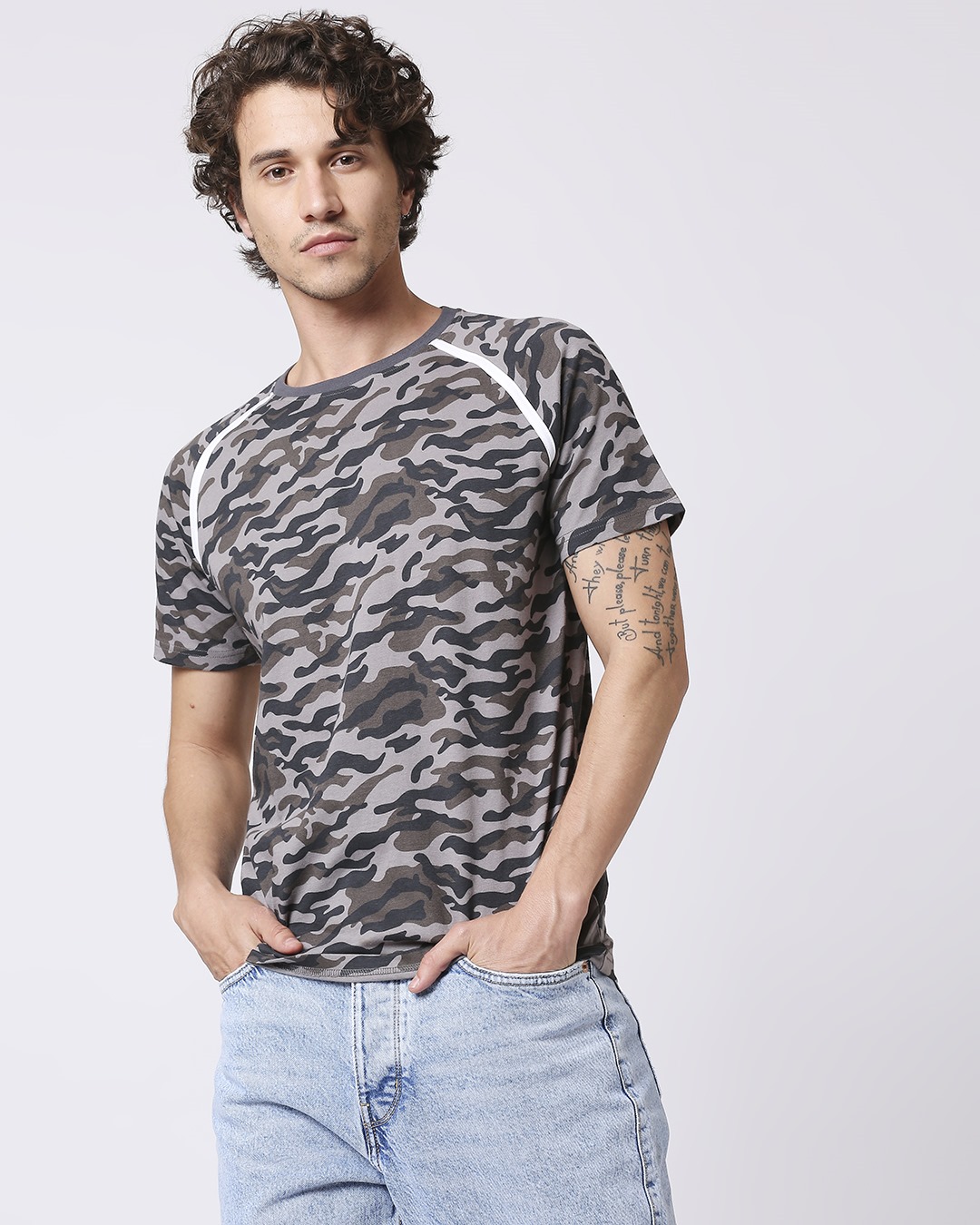 Shop Grey Camo Half Sleeve Side Panel Camo T-Shirt-Back