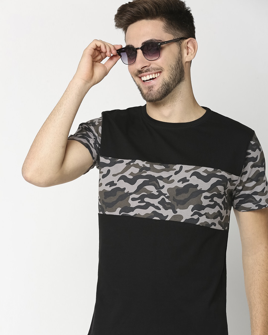 Buy Grey Camo Sleeve Color Block Camo TShirt for Men black,grey Online