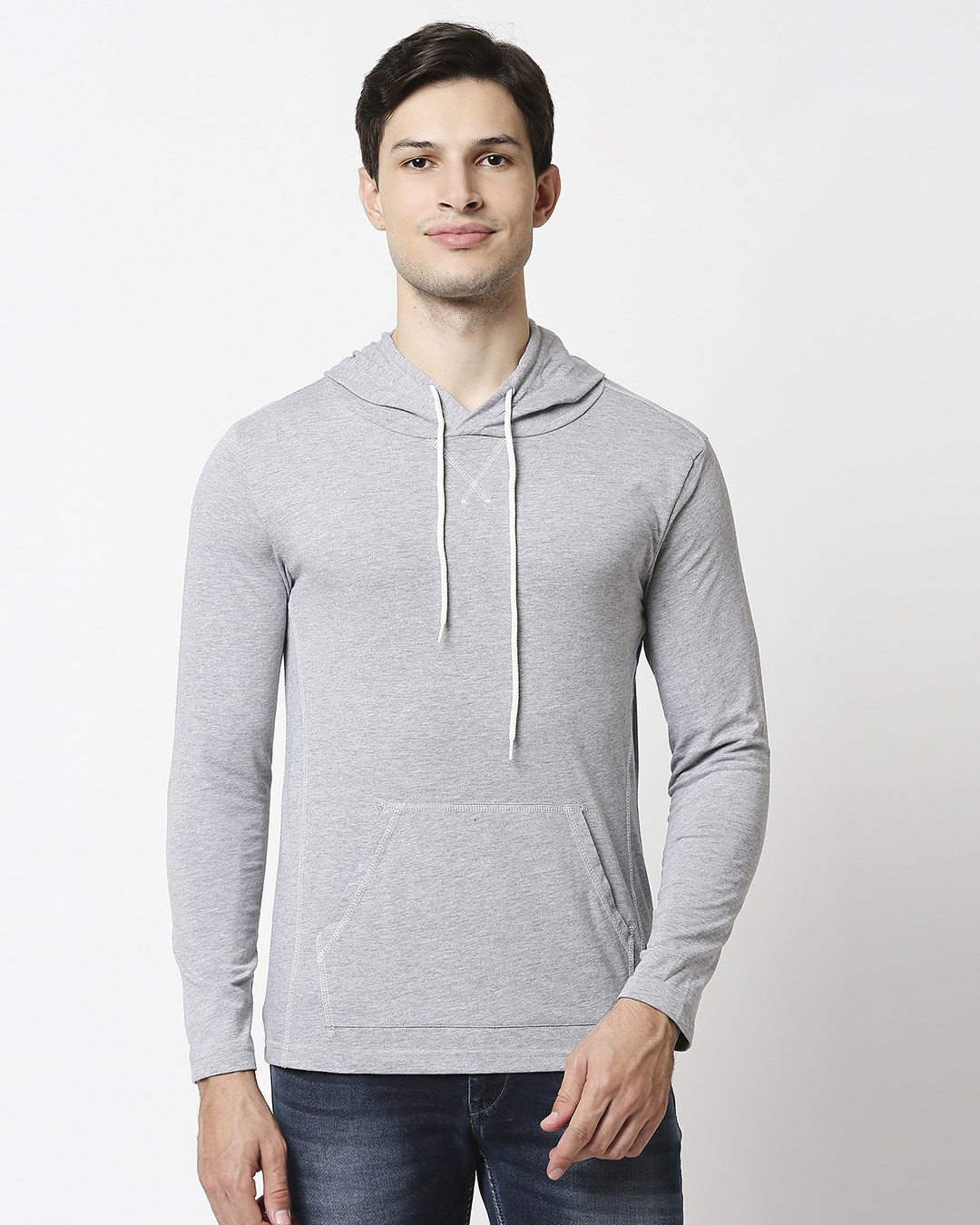Shop Grey Melange Full Sleeve Hoodie T-Shirt-Back