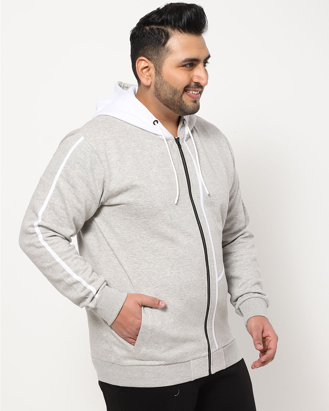 Shop Men's Grey Melange Color Block Plus Size Zipper Hoodie-Back