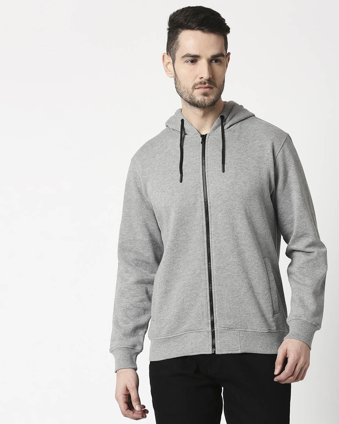 Shop Grey Melange Zipper Hoodie-Back