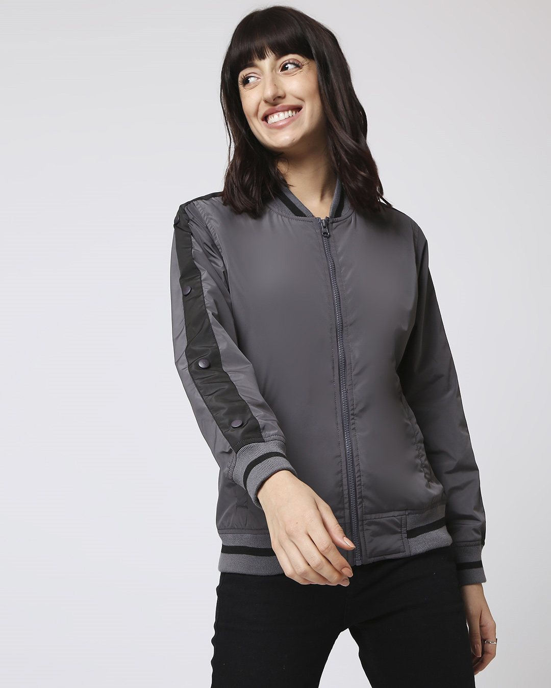 Shop Women's Grey Relaxed Fit Bomber Jacket-Back
