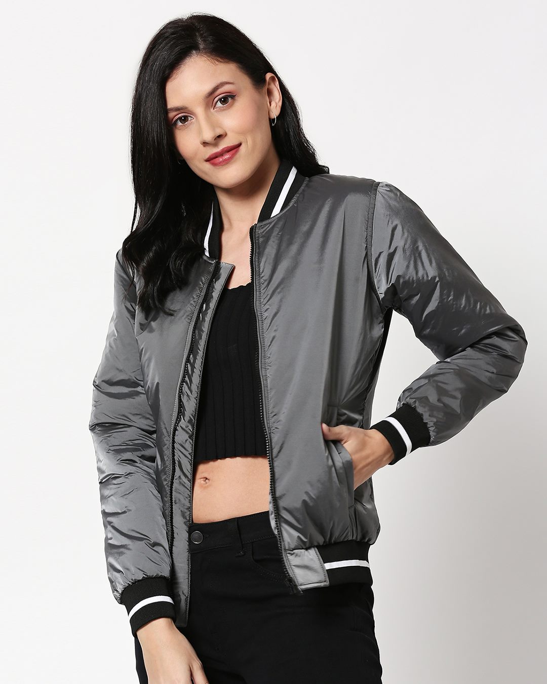 Buy Women's Grey Relaxed Fit Bomber Jacket Online at Bewakoof