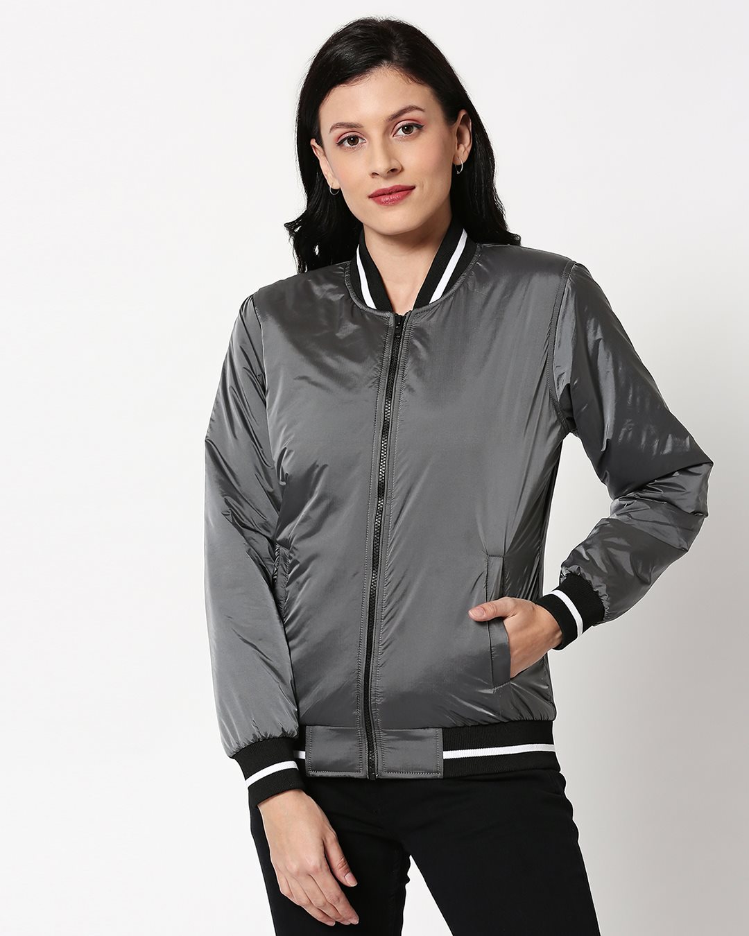 Shop Women's Grey Relaxed Fit Bomber Jacket-Back
