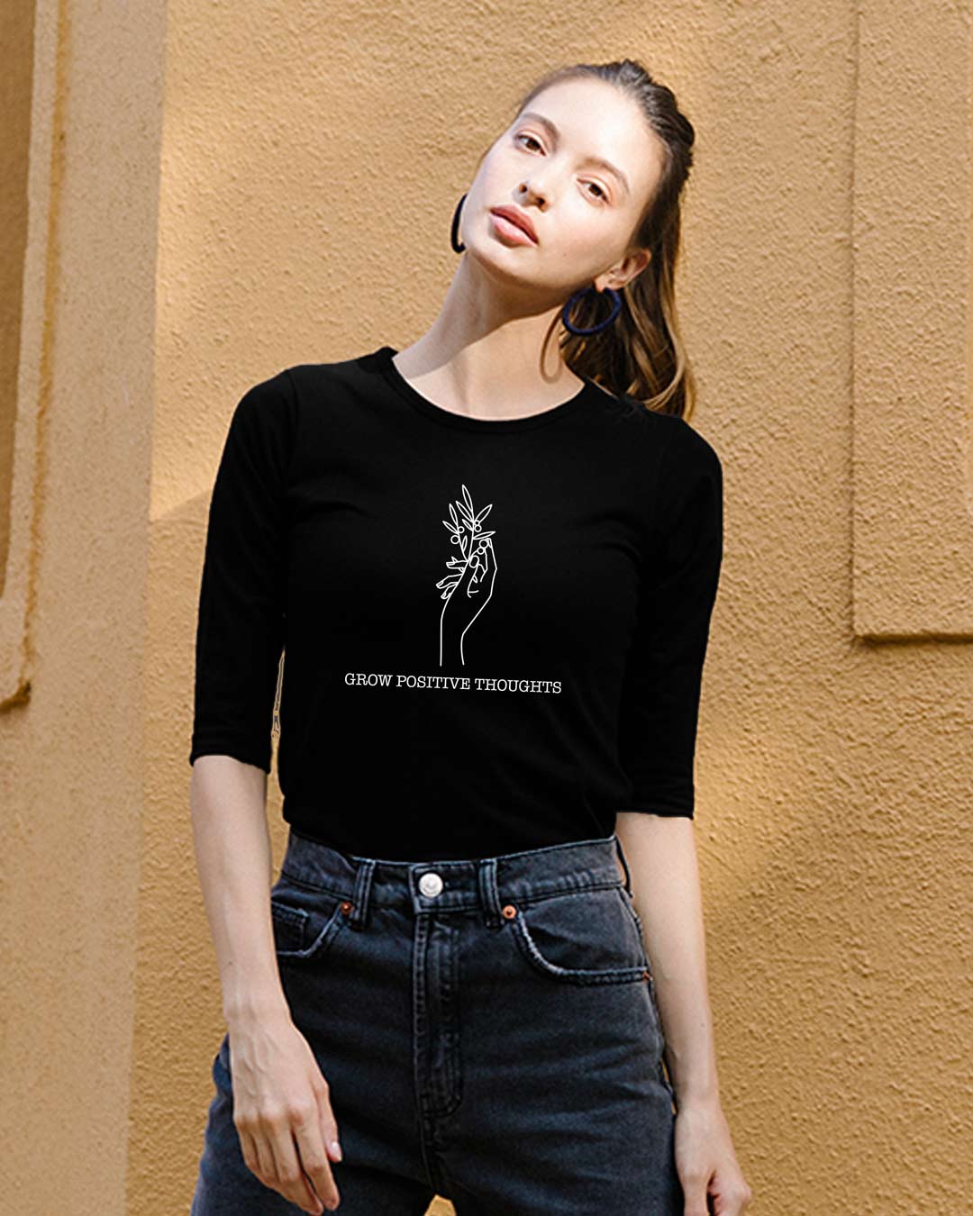 

Grow Positive Thoughts Round Neck 3/4th Sleeve T-Shirt Black Women' Printed Round Neck 3/4 Sleeve T-Shirts Bewakoof.com