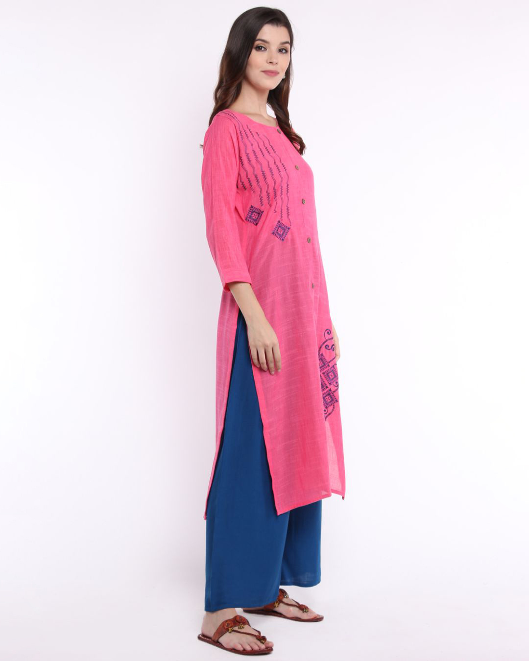 Shop Pink Kurta With Blue Embroidery-Back