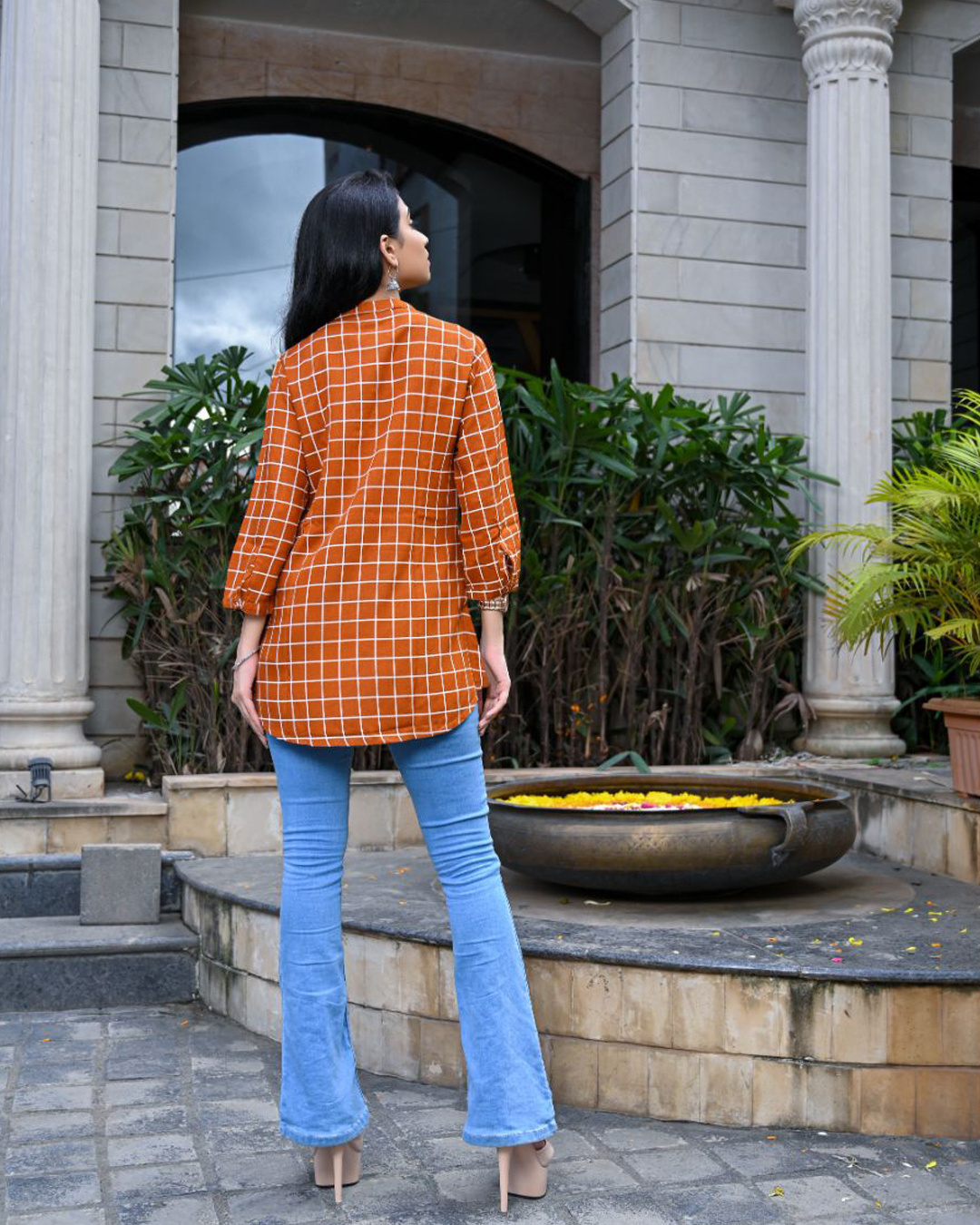 Shop Rust Checked Double Buttoned Top-Back