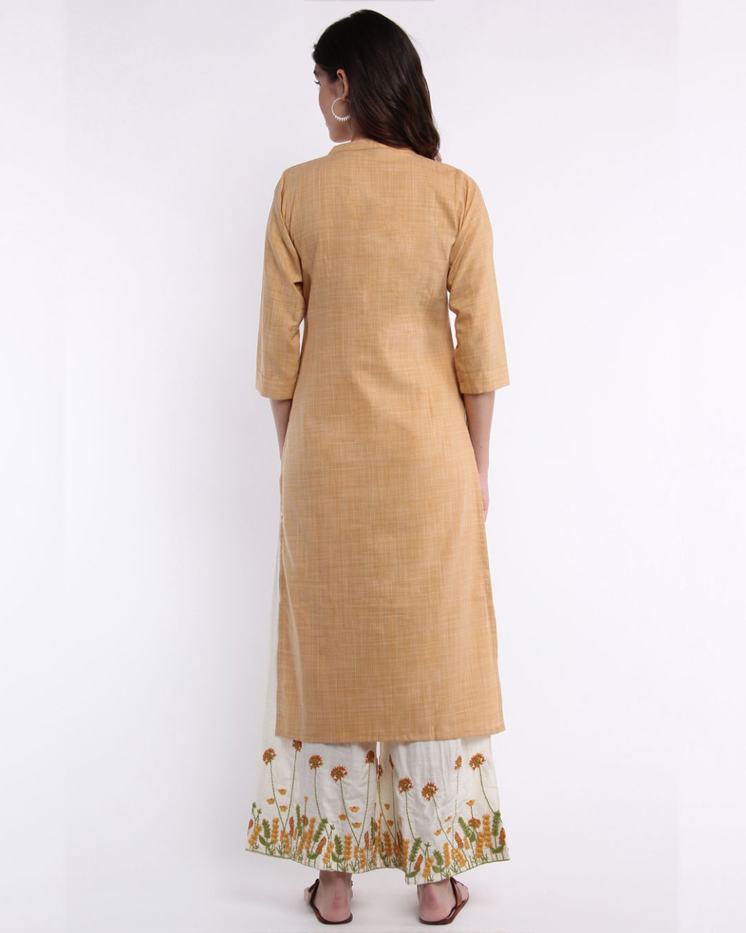 Shop Sand Kurta With Floral Embroidered Palazzo-Back