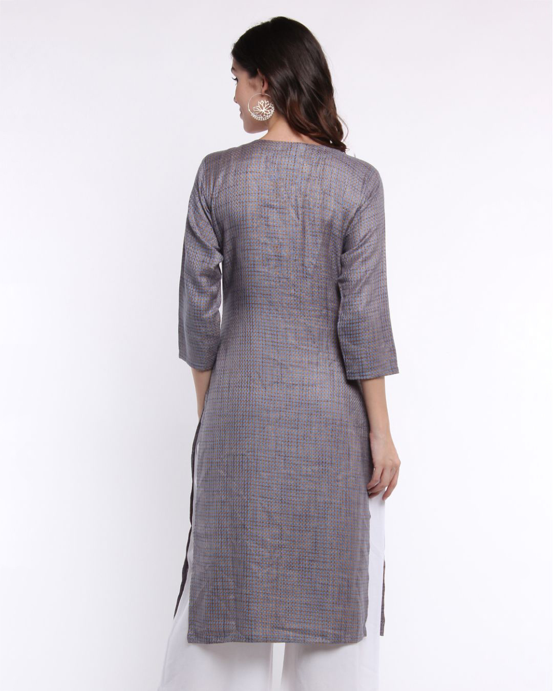 Shop Women's Grey Textured Cut Out Neckline Kurta-Back
