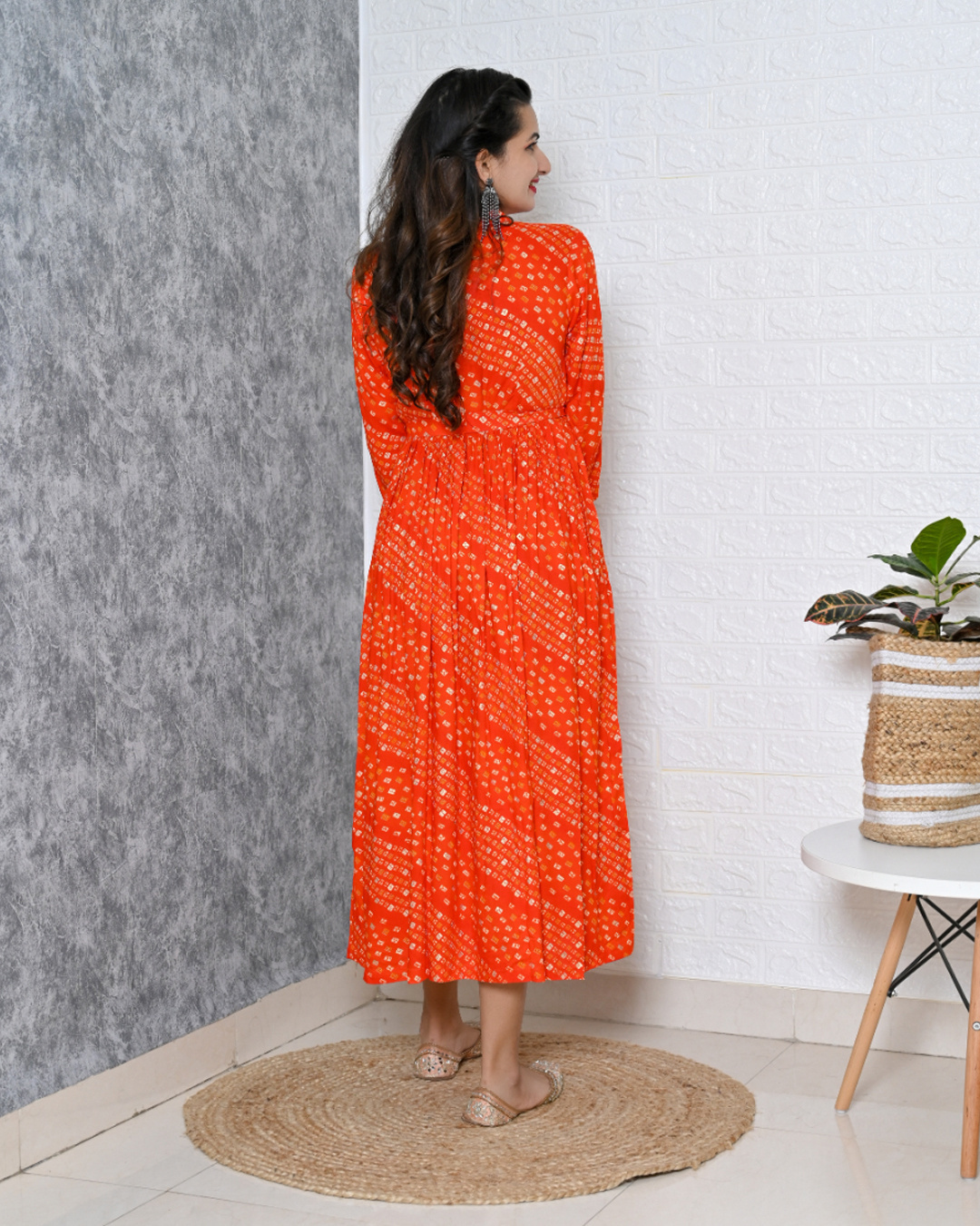 Shop Women's Orange Bandhani Gathered Waist Dress-Back