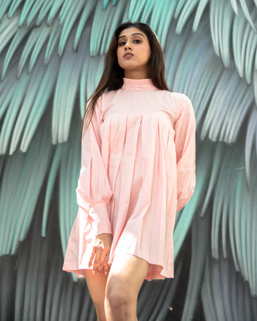 Shop Women's Pastel Pink Box Pleated Summer Dress-Back