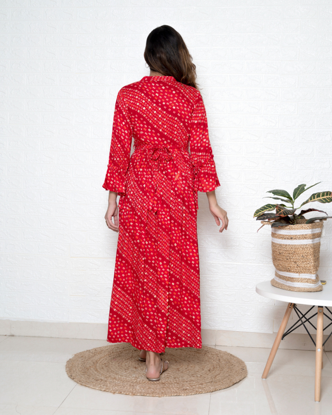 Shop Women's Red Bandhani Maxi Dress with Cinched Sleeves-Back