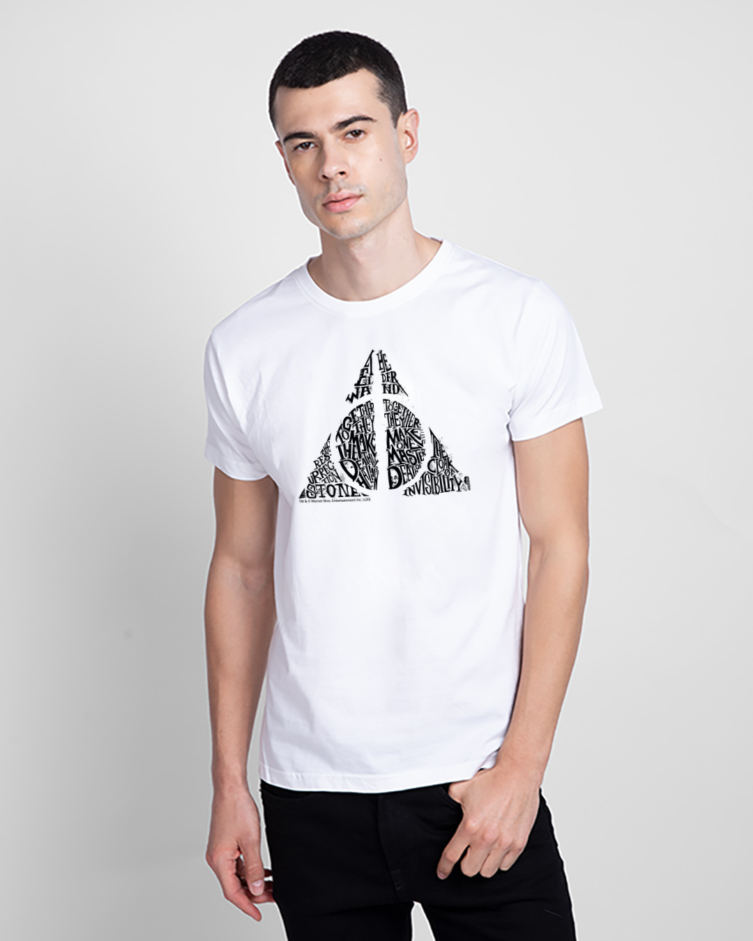 

Hallows Tri Half Sleeve T-Shirt (HP) Men' Printed T-Shirts Bewakoof.com, White
