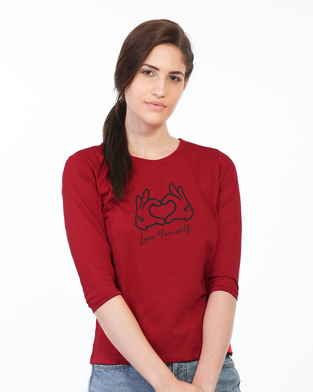 Buy Hand Heart Round Neck 3/4th Sleeve T-Shirt for Women red Online at ...
