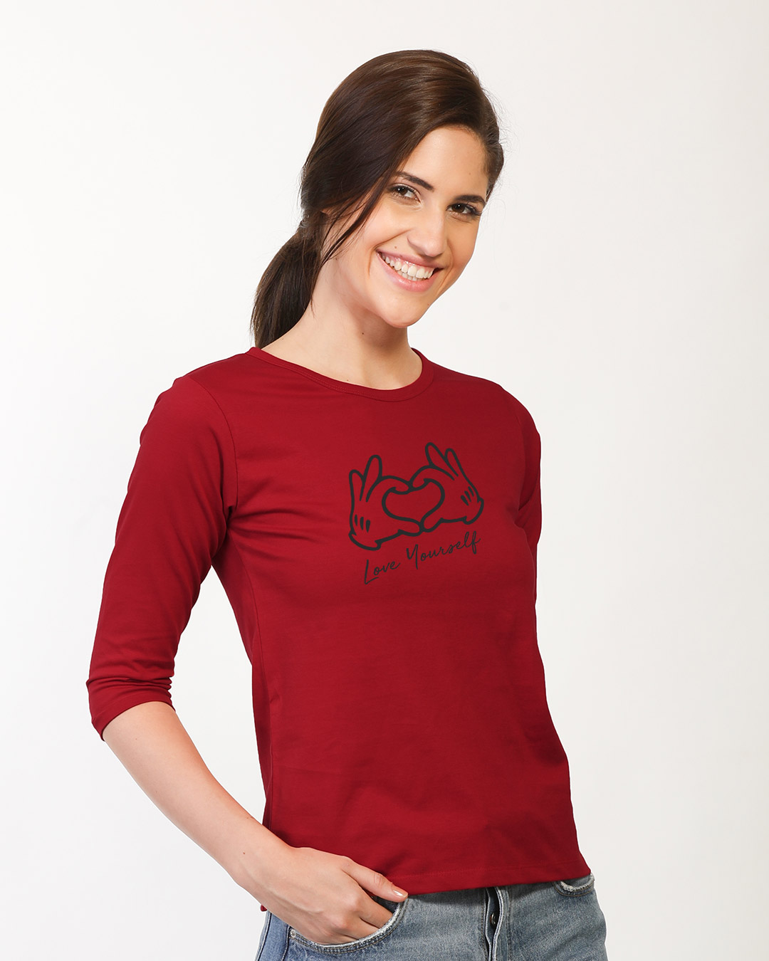 Shop Hand Heart Round Neck 3/4th Sleeve T-Shirt-Back